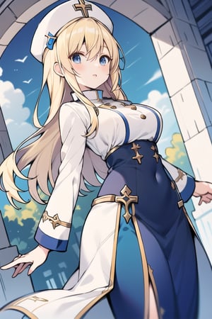 Long hair,Blonde hair,blue eyes , young adult,middle breasts,priest clothes,Low Angle,Blue hunting cap