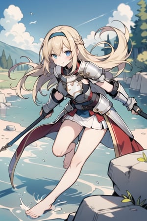 long hair,Blonde hair,blue eyes , young adult,middle breasts,armor,Low Angle,Blue short skirt,barefoot,headband,breastplate,river