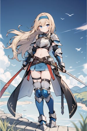 long hair,Blonde hair,blue eyes , young adult,middle breasts,armor,Full body,Blue short skirt,silver shin guards,headband,breastplate,river