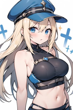 Long hair,Blonde hair,blue eyes , young adult,middle breasts,Oblique Angle,Blue hunting cap with brim,