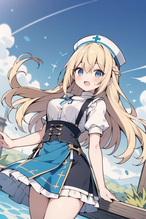 Long hair,Blonde hair,blue eyes , young adult,middle breasts,priest clothes,Low Angle,Blue short skirt,dirndl,river,Blue hunting cap