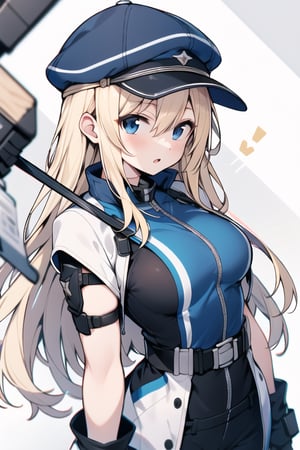 Long hair,Blonde hair,blue eyes , young adult,middle breasts,Overhead Shot,Blue hunting cap with brim,