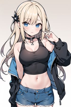 long hair,Blonde hair,blue eyes , young adult,middle breasts,choker,short tank top,short pants,punk rock fashion,jacket