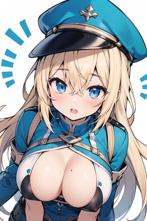 Long hair,Blonde hair,blue eyes , young adult,middle breasts,high Angle,Blue hunting cap with brim,