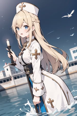 Long hair,Blonde hair,blue eyes , young adult,middle breasts,priest clothes,Low Angle,river,Blue hunting cap