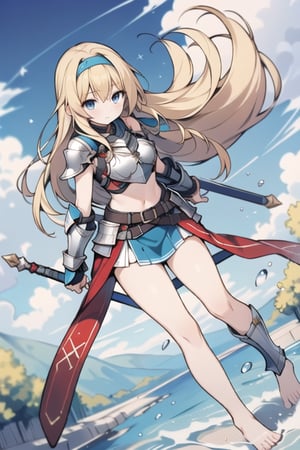 long hair,Blonde hair,blue eyes , young adult,middle breasts,armor,Low Angle,Blue short skirt,barefoot,headband,breastplate,river