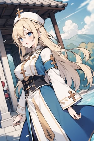 Long hair,Blonde hair,blue eyes , young adult,middle breasts,priest clothes,Low Angle,river,Blue hunting cap