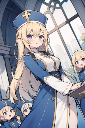 Long hair,Blonde hair,blue eyes , young adult,middle breasts,priest clothes,Low Angle,Blue hunting cap