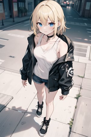 Blonde hair,blue eyes , middle hair,young adult,middle breasts,choker,short tank top,short pants,punk rock fashion,jacket