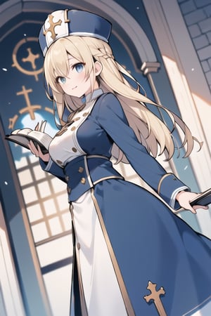 Long hair,Blonde hair,blue eyes , young adult,middle breasts,priest clothes,Low Angle,Blue hunting cap ,hat with brim