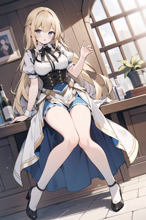 long hair,Blonde hair,blue eyes , young adult,middle breasts,dirndl,full body,Dutch Angle