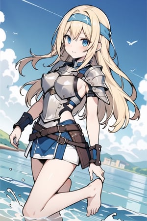 long hair,Blonde hair,blue eyes , young adult,middle breasts,armor,Low Angle,Blue short skirt,barefoot,headband,breastplate,river