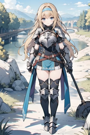 long hair,Blonde hair,blue eyes , young adult,middle breasts,armor,Full body,Blue short skirt,silver shin guards,headband,breastplate,river