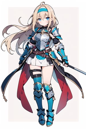 long hair,Blonde hair,blue eyes , young adult,middle breasts,armor,Full body,Blue short skirt,silver shin guards,headband,breastplate,Nagamaki