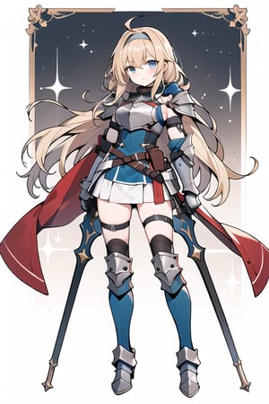 long hair,Blonde hair,blue eyes , young adult,middle breasts,armor,Full body,Blue short skirt,silver shin guards,headband,breastplate,Nagamaki