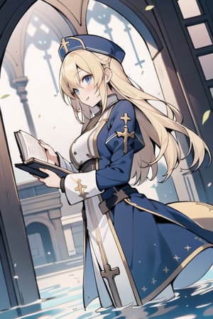 Long hair,Blonde hair,blue eyes , young adult,middle breasts,priest clothes,Low Angle,river,Blue hunting cap