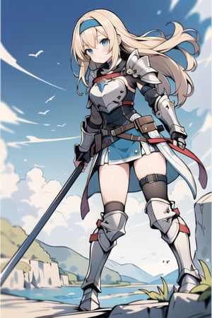 long hair,Blonde hair,blue eyes , young adult,middle breasts,armor,Low Angle,Blue short skirt,silver shin guards,headband,breastplate,river