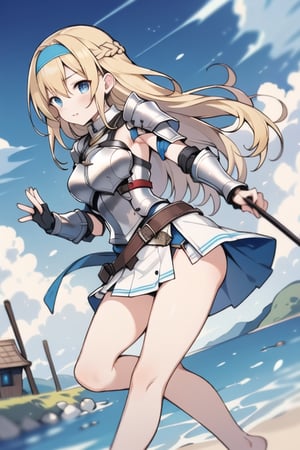 long hair,Blonde hair,blue eyes , young adult,middle breasts,armor,Low Angle,Blue short skirt,barefoot,headband,breastplate,river