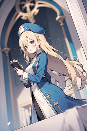 Long hair,Blonde hair,blue eyes , young adult,middle breasts,priest clothes,Low Angle,Blue hunting cap