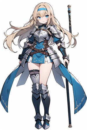 long hair,Blonde hair,blue eyes , young adult,middle breasts,armor,Full body,Blue short skirt,silver shin guards,headband,breastplate