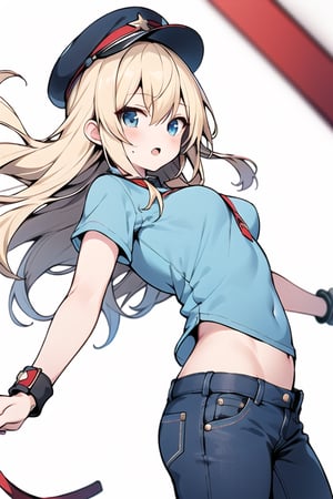 Long hair,Blonde hair,blue eyes , young adult,middle breasts,short pants,Low Angle,Blue hunting cap ,hat with brim