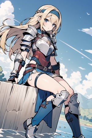 long hair,Blonde hair,blue eyes , young adult,middle breasts,armor,Low Angle,Blue short skirt,silver shin guards,headband,breastplate,river