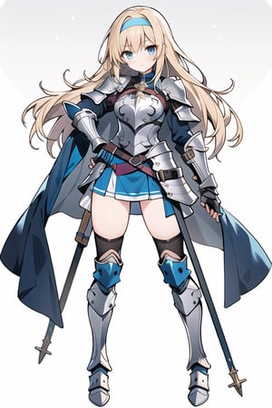 long hair,Blonde hair,blue eyes , young adult,middle breasts,armor,Full body,Blue short skirt,silver shin guards,headband,breastplate