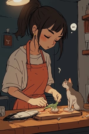 A woman in her 30s cooking a delicious meal in a modern kitchen, wearing an apron and casual clothes, she is cutting  spring onions on a wooden cutting board. The kitchen has a dim lighting with a warm and inviting atmosphere. There's a cat on the counter swatting at a drying fish near the counter that the woman is mouthing 'no' to the cat.