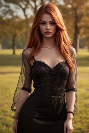 beautiful woman named 4789, standing, full body, medium shot, (cowboy shot:1.4), wearing black dress transparent sleeves, long messy red hair, lips, (freckles:0.6), (jade eyes:1.2), aesthetic jawline, sharp chin, fair skin, rim lighting, at the park, outside, golden hour, (best quality, 4K, 8K, high-resolution, masterpiece), ultra-detailed, best detailed, details, natural skin texture, RAW photo, skin detailed, photorealism, photorealistic, intricate, elegant, highly detailed, insane details, intricate details, hyper detailed, photogenicLDG