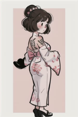 chibi, style parody, ((masterpiece,best quality)), absurdres, hmdmg1, woman, asain woman, kimono, bare shoulders, bare back, kimono down, back view, pale skin, blush, blush stickers, solo, looking at viewer, cowboy shot, cinematic composition, contrapposto style ,sks style,sketch art, backboob, bow on back, tattoos on back, ,YakuzaTattoo, curvy, pop art background, brushstrokes, detailed outfit, 