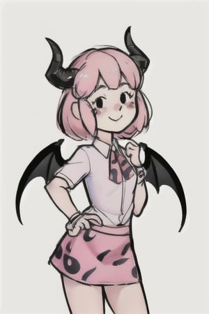 chibi, style parody, ((masterpiece,best quality)), absurdres, girl, succubus , hmdmg1, blush, blush stickers, solo, smiling, looking at viewer, cowboy shot, cinematic composition, contrapposto,simple background,eldmeisterog style ,sks style,sketch art, demon wings, demon horns, demon tail, ,SKIRT