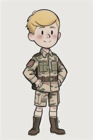 chibi, style parody, ((masterpiece,best quality)), absurdres, hmdmg1, man, buzz cut, blush, blush stickers, solo, looking at viewer, cowboy shot, cinematic composition, contrapposto,simple background, white background, eldmeisterog style ,sks style,sketch art, smiling, blond hair, solider, camouflage_print, army uniform, combat boots, 