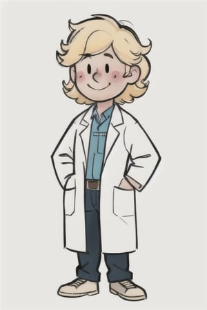 chibi, style parody, ((masterpiece,best quality)), absurdres, hmdmg1, man, scientist, lab coat, blush, blush stickers, solo, smiling, looking at viewer, cowboy shot, cinematic composition, contrapposto,simple background,eldmeisterog style ,sks style,sketch art, messy hair, blond hair, freckles, 
