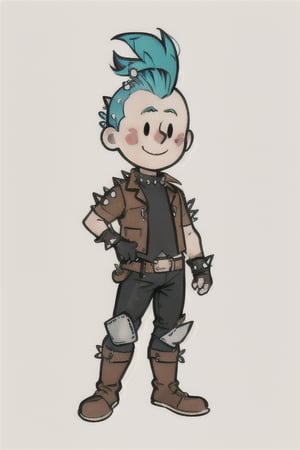 chibi, style parody, ((masterpiece,best quality)), absurdres, hmdmg1, man, pale skin, green Mohawk, spiky Mohawk, spiky outfit, bald, leather vest, leather pants, blush, blush stickers, solo, smiling,looking at viewer, cowboy shot, cinematic composition, contrapposto,simple background, white background, eldmeisterog style ,sks style,sketch art, multiple belts, fingerless gloves, black clothes,DEATHMETAL,album_cover