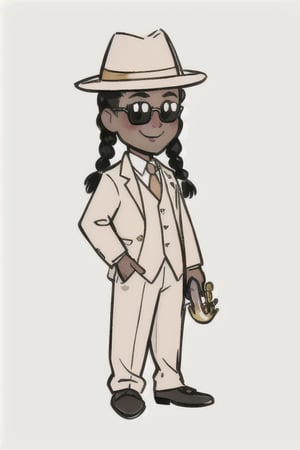 chibi, style parody, ((masterpiece,best quality)), absurdres, hmdmg1,man, black man, very dark skin, Cornrows, sunglasses, suit, fedora, vest, holding saxophone, blush, blush stickers, solo, smiling, looking at viewer, cowboy shot, cinematic composition, contrapposto,simple background, white background, eldmeisterog style ,sks style,sketch art, 
