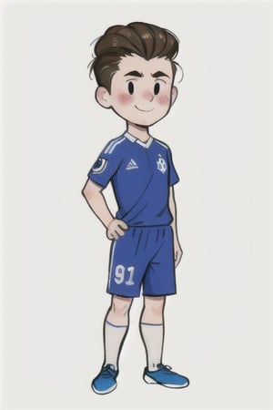 chibi, style parody, ((masterpiece,best quality)), absurdres, hmdmg1, man, soccer uniform, blush, blush stickers, solo, looking at viewer, cowboy shot, cinematic composition, contrapposto,simple background, white background, eldmeisterog style ,sks style,rough_art, slicked_back_hair, smiling, 
