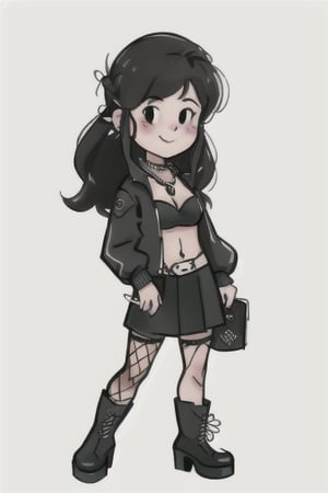 chibi, style parody, ((masterpiece,best quality)), absurdres, hmdmg1, woman, long black hair, blush, blush stickers, solo, smiling,looking at viewer, cowboy shot, cinematic composition, contrapposto,simple background, white background, eldmeisterog style ,sks style,sketch art, small sized breasts, cleavage, 1girl, fishnet stockings, black skirt, collar, spiky, rocker boots, platform_footwear, leather_outfit, leather top, tattoos, necklaces, bacelets, cropped_jacket, 
