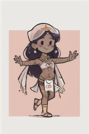 chibi, style parody, ((masterpiece,best quality)), absurdres, girl, Arabic, belly dancer, dark skin, purple hair, hmdmg1, blush, blush stickers, solo, smiling, looking at viewer, cowboy shot, cinematic composition, contrapposto,simple background,eldmeisterog style ,sks style,sketch art, loincloth, midriff, groin lines, sequins, coins on hip scarf, holding dancer veil, head covering, dancing, 