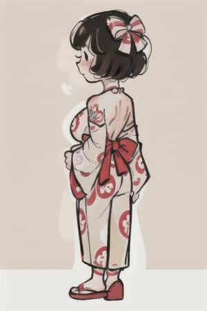 chibi, style parody, ((masterpiece,best quality)), absurdres, hmdmg1, woman, asain woman, kimono, bare shoulders, bare back, kimono down, back view, pale skin, blush, blush stickers, solo, looking at viewer, cowboy shot, cinematic composition, contrapposto style ,sks style,sketch art, backboob, bow on back, tattoos on back, ,YakuzaTattoo, curvy, pop art background, brushstrokes, detailed outfit, Japanese patterns, 