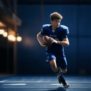 A teenage football player in action, dribbling a ball under a starry night sky, illuminated by soft ambient lighting, capturing the dynamic movement and focus of the young athlete.