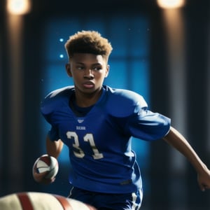 A teenage football player in action, dribbling a ball under a starry night sky, illuminated by soft ambient lighting, capturing the dynamic movement and focus of the young athlete.