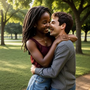 A 15-year-old African girl warmly hugging an 18-year-old Italian boy, both smiling, in a sunlit park with lush greenery, capturing a heartfelt moment of friendship and cultural exchange.
