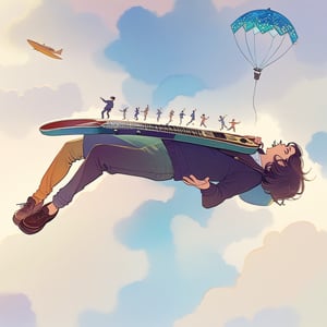 A young man, carefree figure walks towards the edge of a cliff, looking up at the sky. He is carrying a light backpack and is about to take a confident step into the void. In her right hand he holds a white guitar while in her left an orange suitcase. another man is lying on the slack sofa and looking up at the sky, fractal art (tarot card design), in living room, psycodellic, classic and elegant colors, Lofi artistic style, vintage, [(text that says "EL LOCO")], best quality, masterpiece, extremely detailed and intricate details, a man laying on a couch in front of a tv, 2 0 0 0 s cover art, energetic mood, vogue, inspired 2000`s, diaper-shaped, psycodellic, holding electric guitars, colonial style, upsidedown, post grunge, midair, poster vintage, fashion color, a yellow light coming from a window on the right side the window cannot be seen, a man with perfect body is lying and relaxing on the sofa looking up