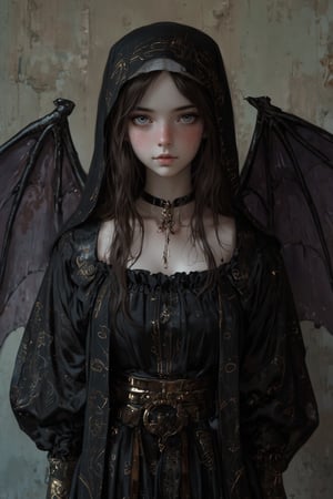 This image, likely a digital painting, showcases a young woman with pale skin and long, dark hair, dressed in a gothic nun outfit. Her large, bat-like wings add a supernatural element, suggesting a mix of innocence and darkness. The lighting is soft and diffused, creating a chiaroscuro effect that highlights her face and hands while casting shadows that enhance the gothic atmosphere. The background is a muted, neutral tone, slightly blurred to keep the focus on the girl. The use of deep blacks and subtle highlights gives the piece a haunting, ethereal quality. The composition is centered, with the girl's gaze directed forward, creating a sense of introspection. The image could be linked to the Romanticism movement due to its emotional depth and dramatic lighting.

aman0ayam1,REALNIME