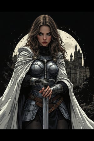 This is a highly detailed, Black and white dithered retro digital painting, featuring a female warrior in medieval armor, standing in front of a gothic castle. She has long, wavy brown hair, pale skin, and a determined expression. Her armor is silver with black chainmail underneath, and she wears a flowing white cape. She holds a large, ornate sword with both hands. Black background. Horror theme.

ct-pop2,illustration