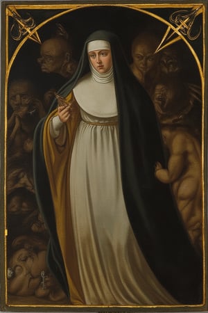 This image is a medieval religious illustration, likely from the 15th century, characterized by its Gothic style. The central figure, a nun, is depicted in a flowing white habit with a black veil, symbolizing purity and devotion. Her serene expression contrasts with the chaotic, menacing figures surrounding her, representing evil or temptation. The use of dark, muted colors with golden highlights creates a somber, dramatic atmosphere. The detailed textures and intricate line work suggest meticulous craftsmanship, typical of illuminated manuscripts. The composition and symbolism emphasize the struggle between good and evil.

dreamoeba