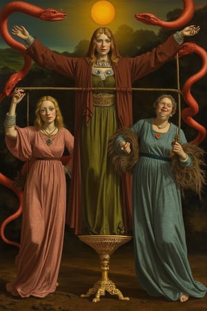 This image, likely from the Renaissance period, showcases a symbolic tableau with a central figure of a Devine goddess, flanked by two human female saints. The composition balances celestial and terrestrial elements, with a golden sun and red serpents in the background, symbolizing divine power. The use of rich, warm earth tones contrasts with the cool blues and greens, enhancing the mystical atmosphere. Detailed textures in the robes and intricate goldwork on the chalice highlight the artist's skill in rendering light and shadow. The piece evokes themes of spiritual enlightenment and divine grace. Esoteric elements and occult symbolism can be seen throughout.

dreamoeba