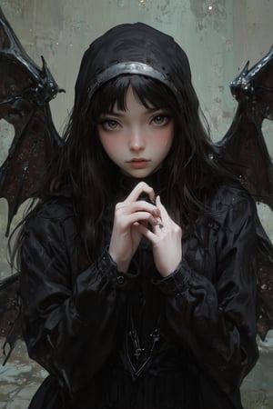 This image, likely a digital painting, showcases a young woman with pale skin and long, dark hair, dressed in a gothic nun outfit. Her large, bat-like wings add a supernatural element, suggesting a mix of innocence and darkness. The lighting is soft and diffused, creating a chiaroscuro effect that highlights her face and hands while casting shadows that enhance the gothic atmosphere. The background is a muted, neutral tone, slightly blurred to keep the focus on the girl. The use of deep blacks and subtle highlights gives the piece a haunting, ethereal quality. The composition is centered, with the girl's gaze directed forward, creating a sense of introspection. The image could be linked to the Romanticism movement due to its emotional depth and dramatic lighting.

aman0ayam1,REALNIME