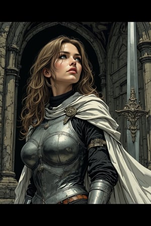 This is a highly detailed, Black and white dithered retro digital painting, featuring a female warrior in medieval armor, standing in front of a gothic castle. She has long, wavy brown hair, pale skin, and a determined expression. Her armor is silver with black chainmail underneath, and she wears a flowing white cape. She holds a large, ornate sword with both hands. Black background. Horror theme.

ct-pop2,illustration