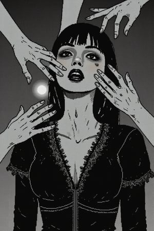 This is a highly detailed, Black and white dithered retro digital painting, featuring a pale-skinned, young woman. She is dressed in a revealing gothic-style black dress with lace trim. multiple male hands surround her and on is pouring a boiling liquid into her eyes and face. You can see her pain by the look on her face. The background is a muted, shadowy gradient, enhancing the eerie, mysterious atmosphere. The image is suggestive but not explicit. Horror theme

ct-pop2